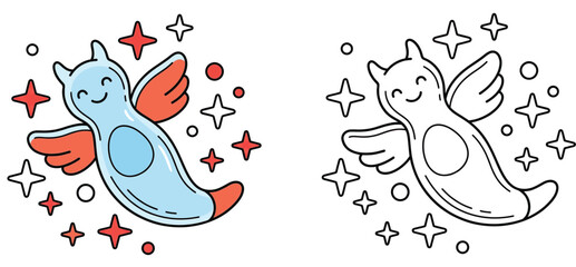 Naklejka premium Cute Blue Dragon Slug with Red Wings and Stars Cartoon Illustration