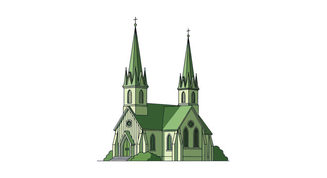Green Church Building with Two Spires and White Background