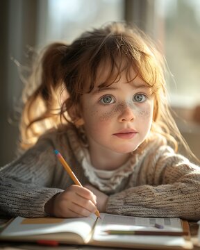 A young girl with red hair and freckles looking out the window