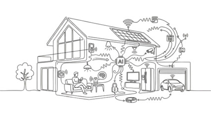 Obraz premium Smart Home AI Line Art – Minimalist Continuous One Line Illustration of Intelligent Living and Connected Devices Concept
