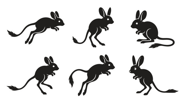 different black jerboa silhouettes on a clean white background, minimalist vector style.