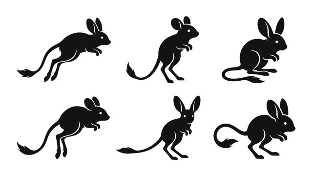 different black jerboa silhouettes on a clean white background, minimalist vector style.