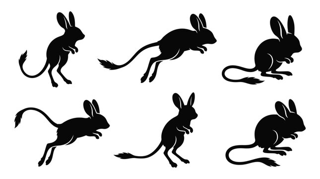 different black jerboa silhouettes on a clean white background, minimalist vector style.