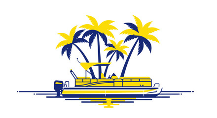 Pontoon Boat and Palm Trees Tropical Island Vacation Vector Illustration © zebra
