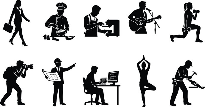 Various people engaged in different activities like working, exercising, and playing music in an office, outdoors, or at home with a mix of hobbies and jobs.