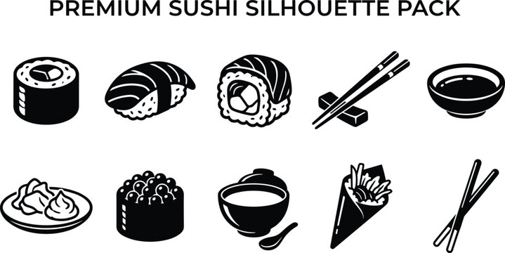 Sushi food illustrations show various types and utensils on plates and bowls.