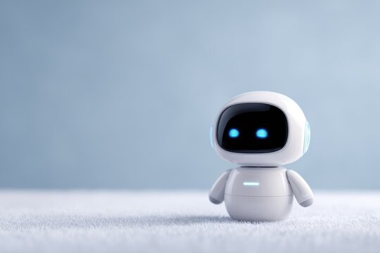 cute friendly robot character with glowing blue eyes sitting on soft surface, cheerful expression, soft ambient lighting, futuristic AI companion concept, clean background