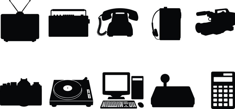 A comprehensive collection of retro electronic devices, showcasing an evolution of technology and entertainment from past decades, ideal for design projects
