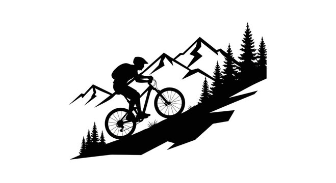 Man Riding Mountain Bike Downhill Fast.