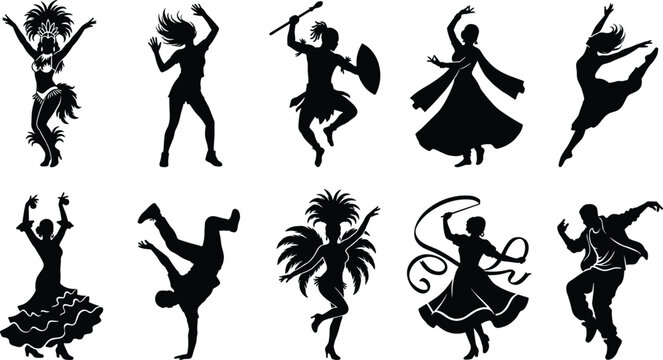 Silhouettes of diverse dancers performing various styles like ballet, hip-hop, and samba, capturing the dynamic energy and grace of movement in a celebration of dance