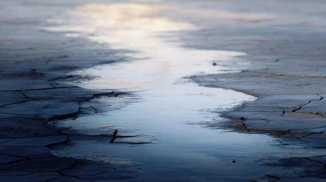 polluted river with oil spill and cracked drought soil environmental disaster concept