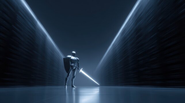cyber security knight with glowing sword and shield protecting data servers fantasy tech concept