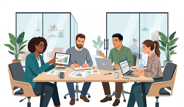 Realistic vector illustration of a confident team collaborating in a contemporary glass office reviewing charts, documents, and laptops for professional teamwork