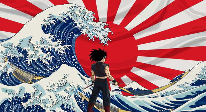 Anime Warrior Standing Before a Giant Ocean Wave and Rising Sun