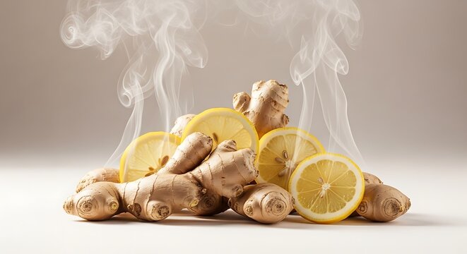 Fresh ginger root and sliced lemon pieces piled together on a tabletop. gember