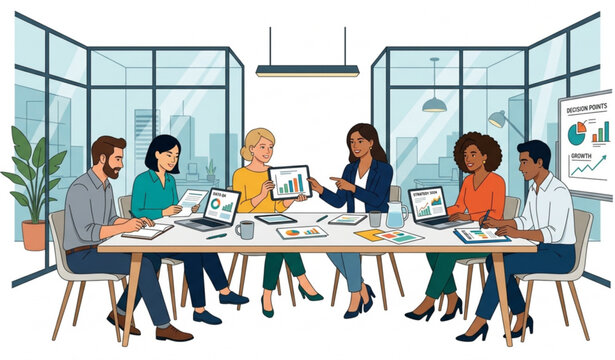 Realistic vector illustration of a confident team collaborating in a contemporary glass office reviewing charts, documents, and laptops for professional teamwork