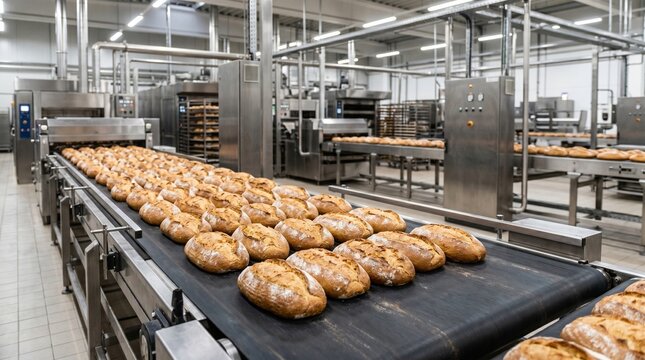 Long view of countless freshly baked loaves of bread on a conveyor belt in a large, modern industrial bakery, with machinery background.