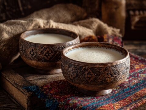 Traditional Kazakh Shubat Fermented Camel Milk in Rustic Bowls on Wooden Board