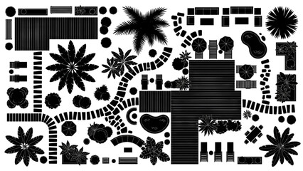 Naklejka premium Tropical Landscape Site Plan CAD Collection with Palm Trees Building Layouts and Garden Elements