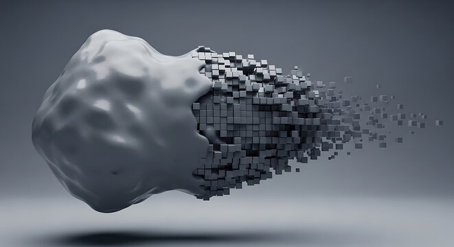 Abstract liquid shape transforming into small grey pixel cubes