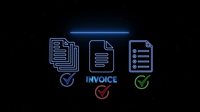 Neon invoice and document processing animation with checkmark