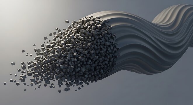 Abstract 3D wave of small dark grey cubes flowing and scattering in space
