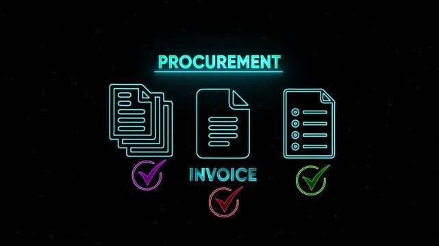Procurement and invoice neon animation for business process and supply chain management