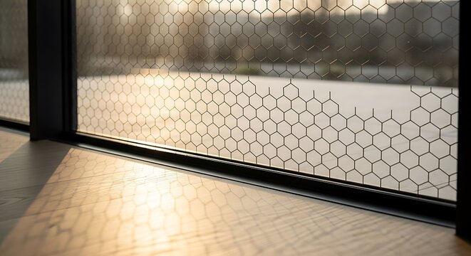 Hexagonal wire mesh fence seen through a modern house window looking out to a garden