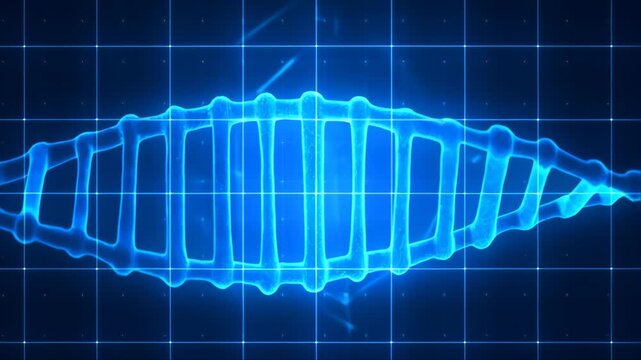 Gene DNA helix hologram with glowing blue waveform grid, cinematic science background for bioinformatics and genetics visuals