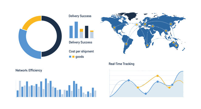 Global Logistics and Supply Chain Analytics Dashboard with World Map, Shipping Delivery Success Charts, and Real-Time Tracking Data Visualizations