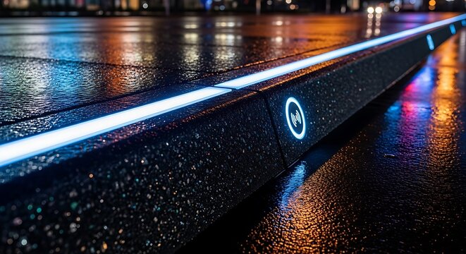 Modern wireless charging station with glowing blue signal icon on a dark wet street at night with colorful city light reflections