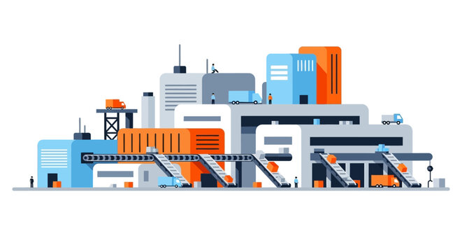 Smart Industrial Logistics and Manufacturing Center Illustration with Automated Conveyor Belts and Warehouse Distribution Infrastructure in Flat Style