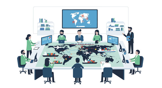 Global Supply Chain Management and Logistics Network Team Meeting in Command Center Illustration