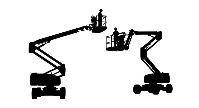 Silhouette of two cherry pickers with workers against white background