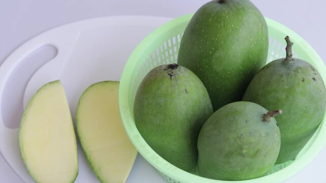 Kesar Mango kacha aam zoom out close up green unripe mango view