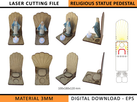 Laser cut wooden stand for religious portraits, designed for 3mm MDF or plywood. EPS vector template compatible with CO2 CNC machines, perfect for devotional decoration and sacred gifts