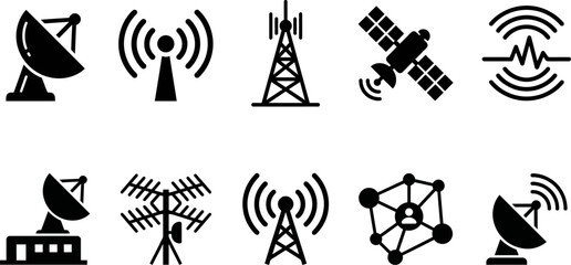 Fototapeta premium Black and white icons of various communication technology devices and signals on white background