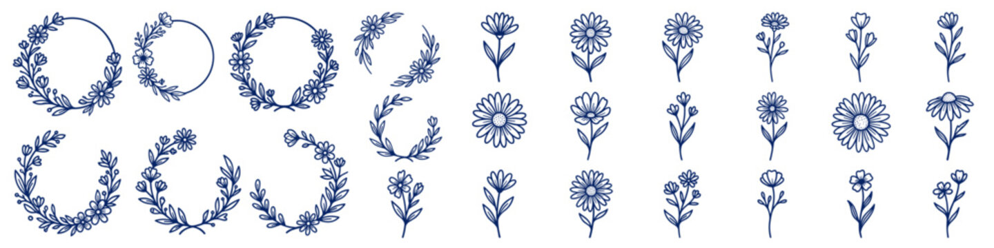 Decorative blooming daisy flowers and half wreaths hand drawn with contour lines on transparent background. Vintage botanical stems collection. Set of circular natural design element.Vector