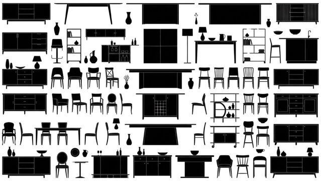 Interior Furniture Silhouette CAD Library with Tables Chairs Cabinets and Elevation Blocks