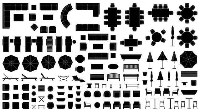 Outdoor Furniture Silhouette CAD Collection with Umbrellas Seating Arrangements and Plaza Layout Elements