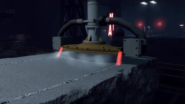 Cannon industrial firing muzzle blast in dark high-pressure facility with dust smoke and cold steel atmosphere