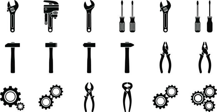 Black silhouette tool set wrenches screwdrivers pliers hammers gears