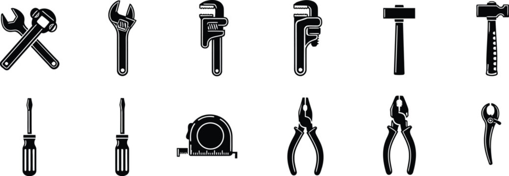 Black tool icons set wrenches pliers screwdrivers hammer and measuring tools