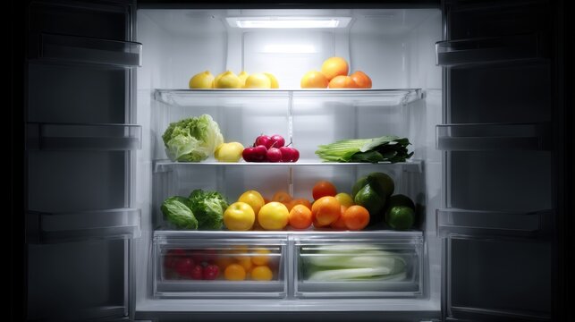 transparent smart fridge doors displaying organized healthy food with digital inventory system
