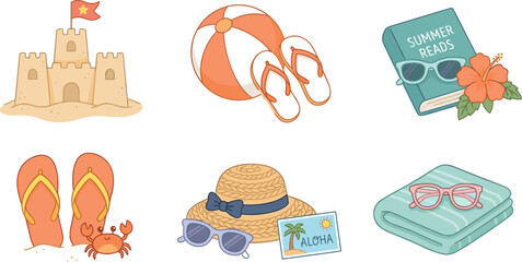 Summer Beach Vacation Icon Set with Sandcastle Flip Flops Ball Book Straw Hat Towel and Sunglasses Vector Illustration for Tropical Holiday Travel Designs © MdRoni