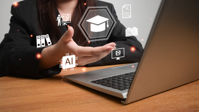 Business professional presenting artificial intelligence education icons above laptop, representing online learning, AI training, digital education platform, smart knowledge management, and future lea