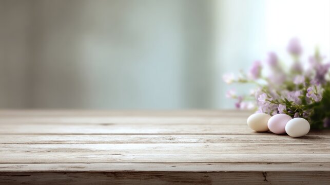 empty wooden table with easter decoration background spring theme