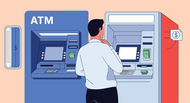 Man standing between two ATM machines in a bank or public space deciding which terminal to use for his financial transaction.