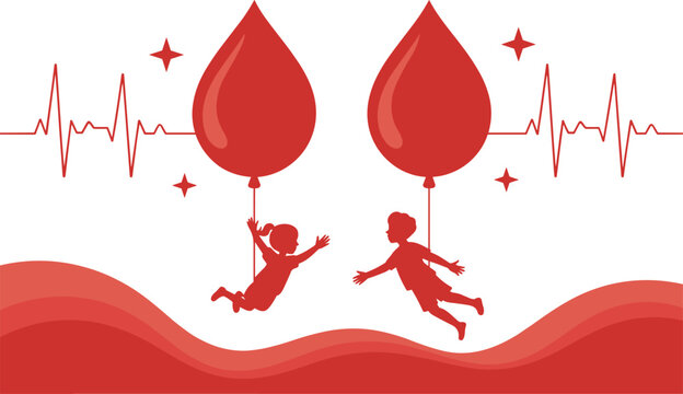 Children flying on blood drop balloons with heart rate monitor, concept of hope and life