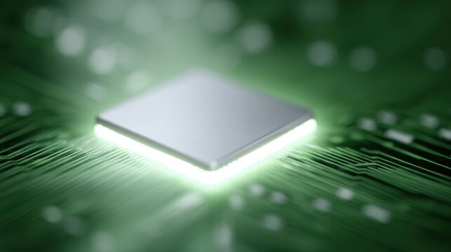 glowing microchip core with circuit board fintech technology background